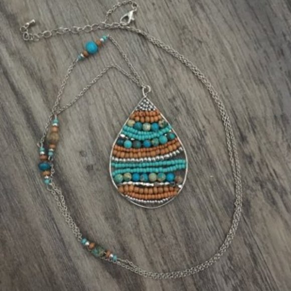 Long Silver Colored Boho Beaded Teardrop Necklace - Picture 1 of 3